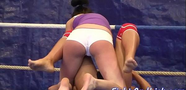  Busty lesbian babe pussylicking wrestling lez